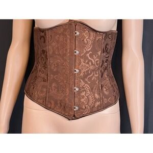 Brown Floral Jacquard Brocade Underbust Corset Top Hook-and-Eye Lace Up Medium